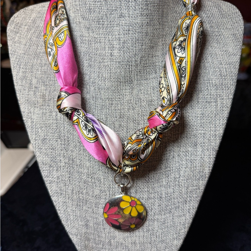 Floral Pendant Scarf Necklace - Pink and Yellow